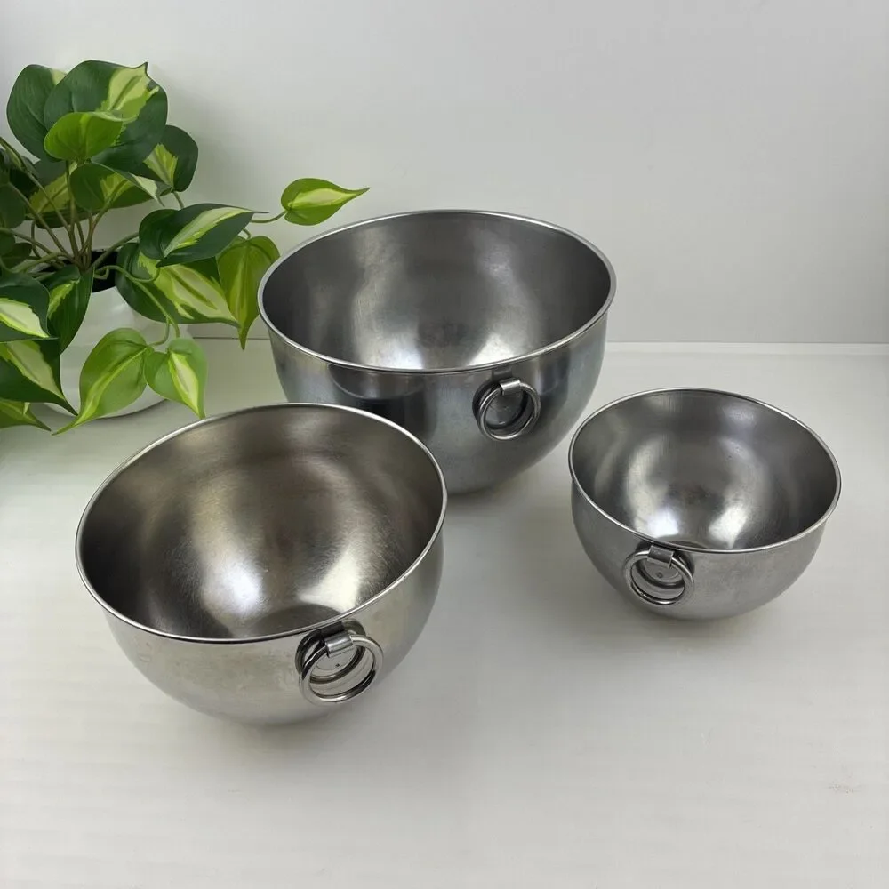 Vintage 40s Revere Ware O-Ring 3pc Stainless Steel Mixing Bowls Heavy Duty